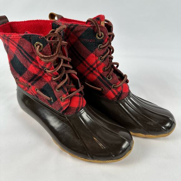 Sperry Top Sider Red and Black Buffalo Plaid Rubber Duck Boots Womens Size 7 - Picture 1 of 13